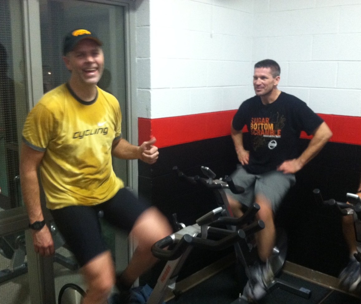 Neither Bill Ford, left, nor Jon Sulzber are likely to have learned much -- or even broken a sweat -- in the class they attended Monday night at the Muscatine Community Y.